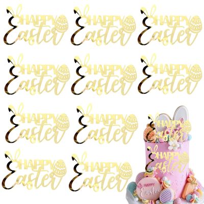 10 Pcs Easter Cake Toppers Bunny Egg Cupcake Decoration Gold Rabbit Dessert Happy Easter Spring Birthday Party Supplies