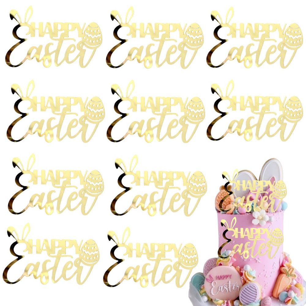 10 Pcs Easter Cake Toppers Bunny Egg Cupcake Decoration Gold Rabbit Dessert Happy Easter Spring Birthday Party Supplies