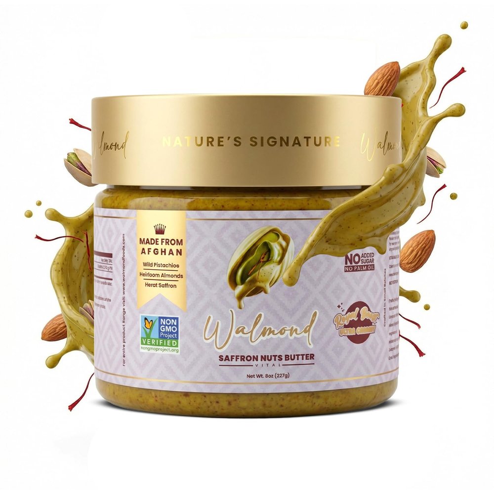 Walmond Saffron Almond Pistachio Butter, Premium Afghan Saffron with Heirloom Almonds & Wild Pistachios, Gourmet Cooking Spread, 8g Protein, No Added Sugar, NON-GMO Halal HACCP Certified, 8oz