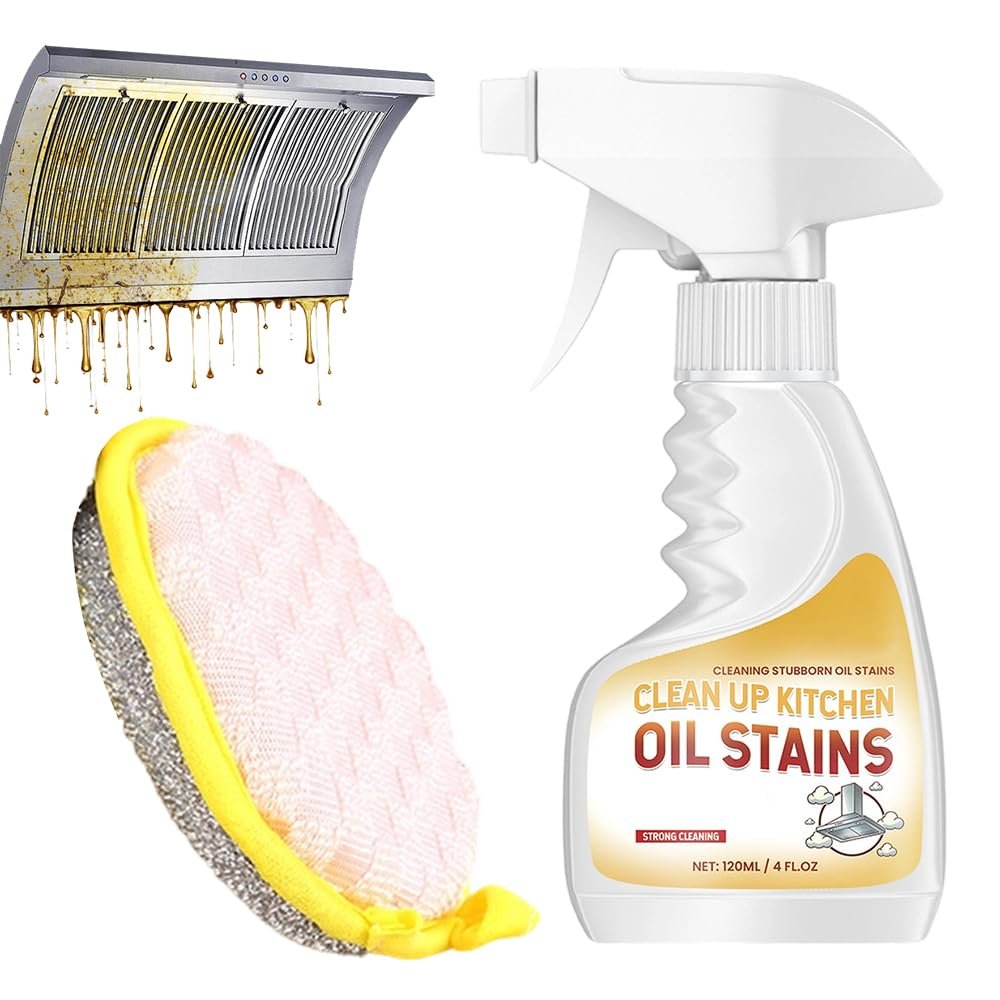 Heavy-Duty Kitchen Degreaser Foam Cleaner, Powerful Kitchen Degreaser Spray & Dual Side Scrub Sponge Set Grease Remover for Stove Range Hood (1, Standard)
