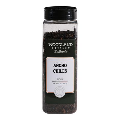 Diced Dried Ancho Chiles, 9 oz Cut Poblano Pepper Pieces for Mole, Enchilada Sauce & Mexican Cooking, Mild Earthy-Sweet Heat, by Woodland Gourmet