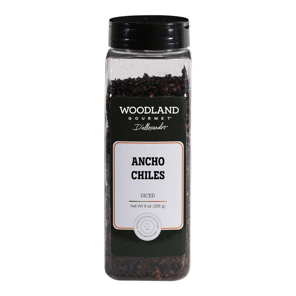 Diced Dried Ancho Chiles, 9 oz Cut Poblano Pepper Pieces for Mole, Enchilada Sauce & Mexican Cooking, Mild Earthy-Sweet Heat, by Woodland Gourmet