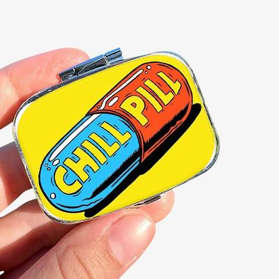 1pc Square Pill Box, Mini 2 Compartment Medicine Pill Organizer, Household Portable Medicine Storage Box, Vitamins Fish Oil for Pockets Purses Travel Unique Gift (Yellow chill Pill)