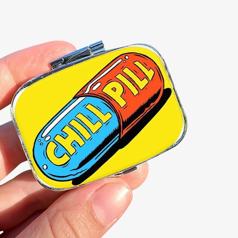 1pc Square Pill Box, Mini 2 Compartment Medicine Pill Organizer, Household Portable Medicine Storage Box, Vitamins Fish Oil for Pockets Purses Travel Unique Gift (Yellow chill Pill)