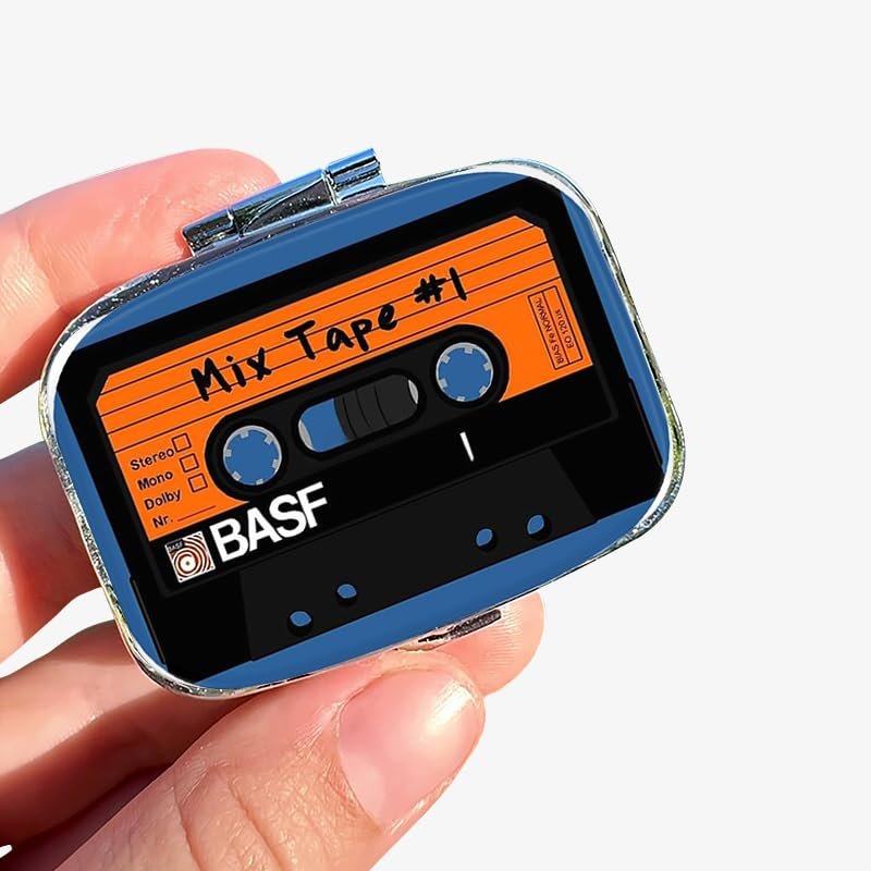 1pc Square Pill Box, Mini 2 Compartment Medicine Pill Organizer, Household Portable Medicine Storage Box, Vitamins Fish Oil for Pockets Purses Travel Unique Gift (Blue Cassette Tape)