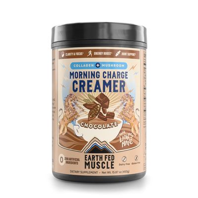 Earth Fed Muscle Morning Charge Chocolate Supernutrient Coffee Creamer with Lion's Mane - Collagen Peptides, Coconut Milk, Non-Dairy - Focus + Joint Support - 24 Servings