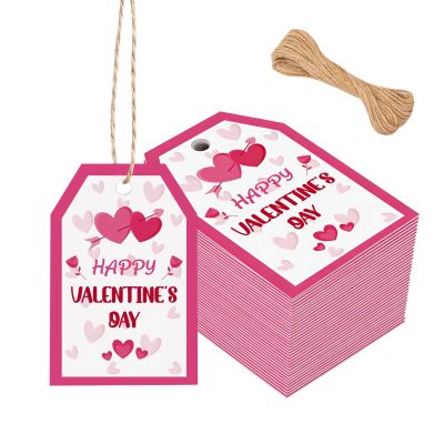 100 Pcs Valentines Gift Tags, 3.3x2.1 Inch Valentines Gift Tags with String, Happy Valentine's Day Tag, Pink Valentine Heart Gifts Tag for Gifts Wrap, Bags, DIY Craft