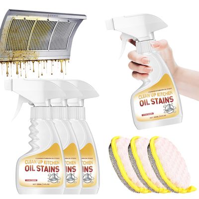 Heavy-Duty Kitchen Degreaser Foam Cleaner, Powerful Kitchen Degreaser Spray & Dual Side Scrub Sponge Set Grease Remover for Stove Range Hood (3, Standard)
