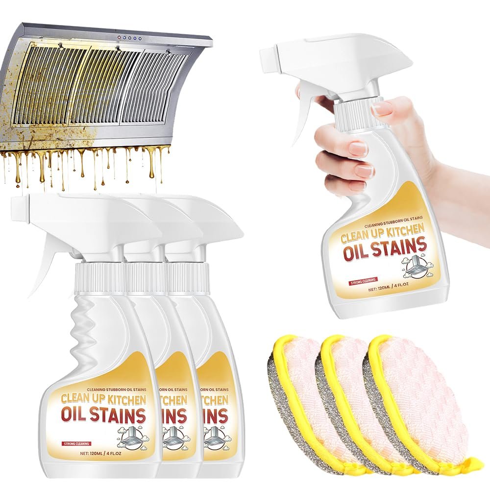 Heavy-Duty Kitchen Degreaser Foam Cleaner, Powerful Kitchen Degreaser Spray & Dual Side Scrub Sponge Set Grease Remover for Stove Range Hood (3, Standard)