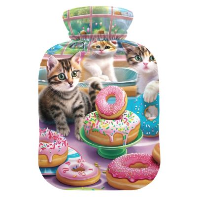 Hot Water Bottle with Soft Cover Bed Hand Feet Warmer Winter Gift Cute Cats with Donuts Hot Water Bag for Menstrual Cramps Small