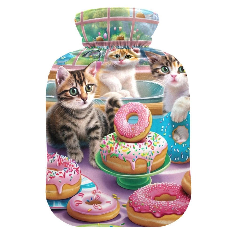 Hot Water Bottle with Soft Cover Bed Hand Feet Warmer Winter Gift Cute Cats with Donuts Hot Water Bag for Menstrual Cramps Small