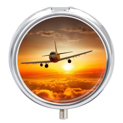 Aircraft Plane at Sunset Pill Organizer Travel, Portable Pill Case, Airtight Medicine Box, Round Pill Container for Pocket Purse Medicine Organizer, Daily Pill Box to Hold Vitamins