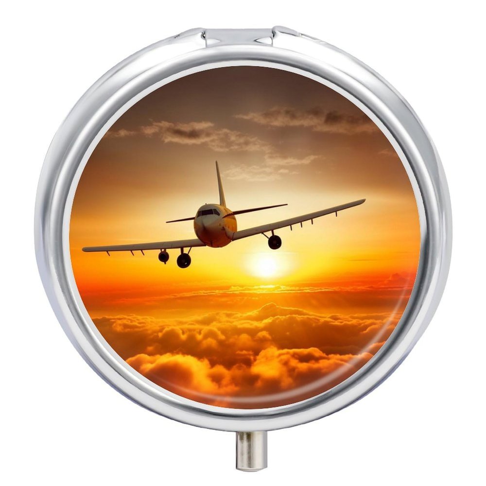 Aircraft Plane at Sunset Pill Organizer Travel, Portable Pill Case, Airtight Medicine Box, Round Pill Container for Pocket Purse Medicine Organizer, Daily Pill Box to Hold Vitamins