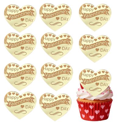 10Pcs Happy Valentine's Day Acrylic Cupcake Topper Acrylic Mirror Heart Cake Engraved Cake Topper Cupcake Decorations for Valentine's Day Birthday DIY dessert decoration
