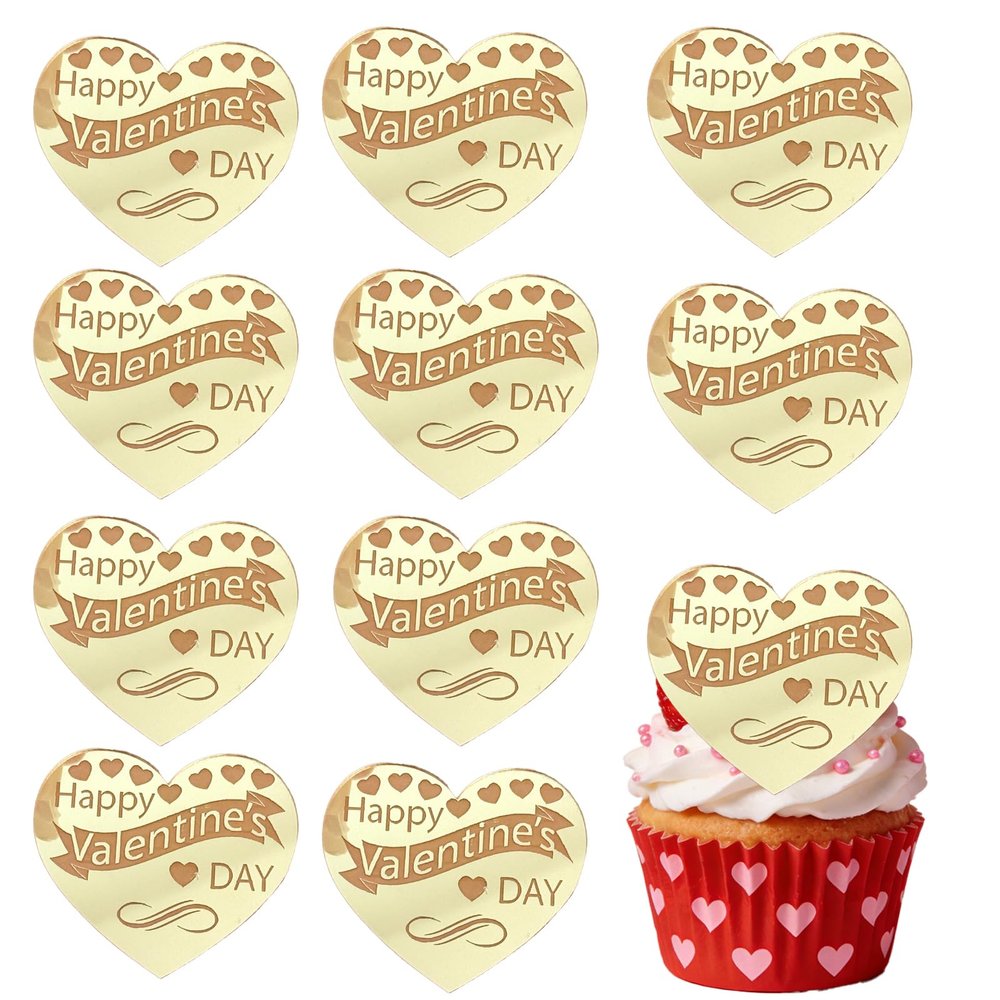 10Pcs Happy Valentine's Day Acrylic Cupcake Topper Acrylic Mirror Heart Cake Engraved Cake Topper Cupcake Decorations for Valentine's Day Birthday DIY dessert decoration