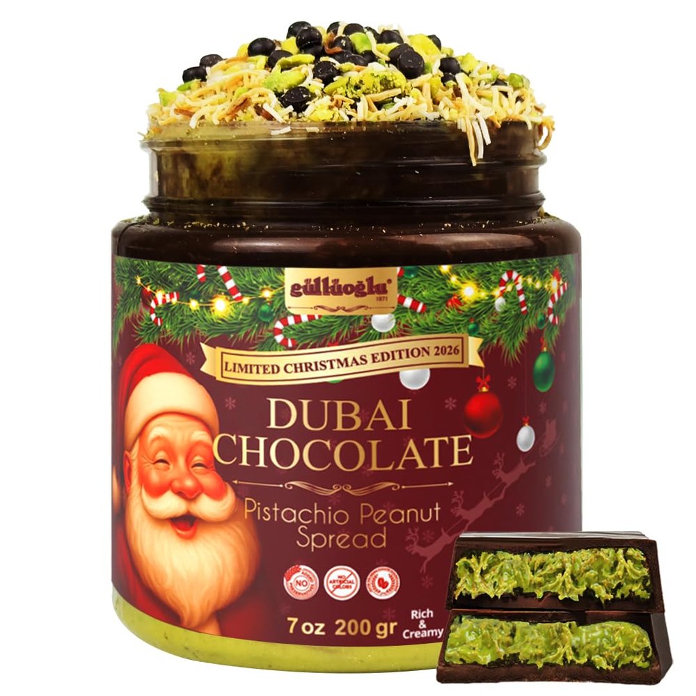 Gulluoglu Christmas Edition Dubai Chocolate Pistachio Peanut Spread in Festive Holiday Jar | Limited Seasonal Gourmet Halal Dessert (DARK CHOCOLADE 7 oz (200g))