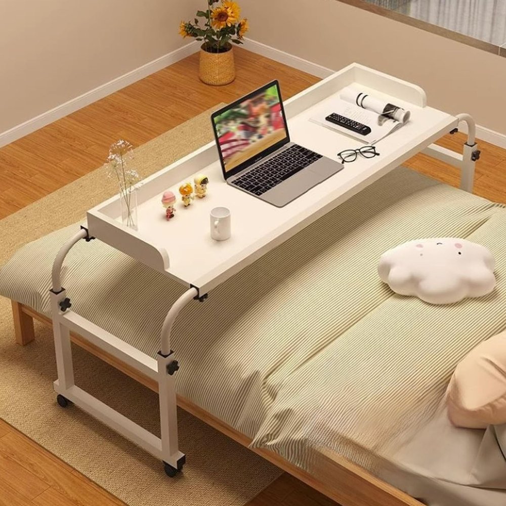 GUAWJRZDP Overbed Table with Wheels, Overbed Table Extendable Laptop Desk, Laptop Desk Over Bed Bedside Tables, Rolling Tables Over Bed Adjustable Height for Home(White,140x40cm/55.1x15.7in)