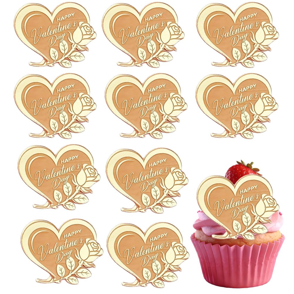 10pcs Happy Valentine's Day cake Toppers Gold rose Heart shape Acrylic Mirror Happy Valentines Day Cake Picks For Valentines Day Birthday