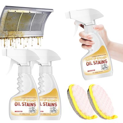 Heavy-Duty Kitchen Degreaser Foam Cleaner, Powerful Kitchen Degreaser Spray & Dual Side Scrub Sponge Set Grease Remover for Stove Range Hood (2, Standard)