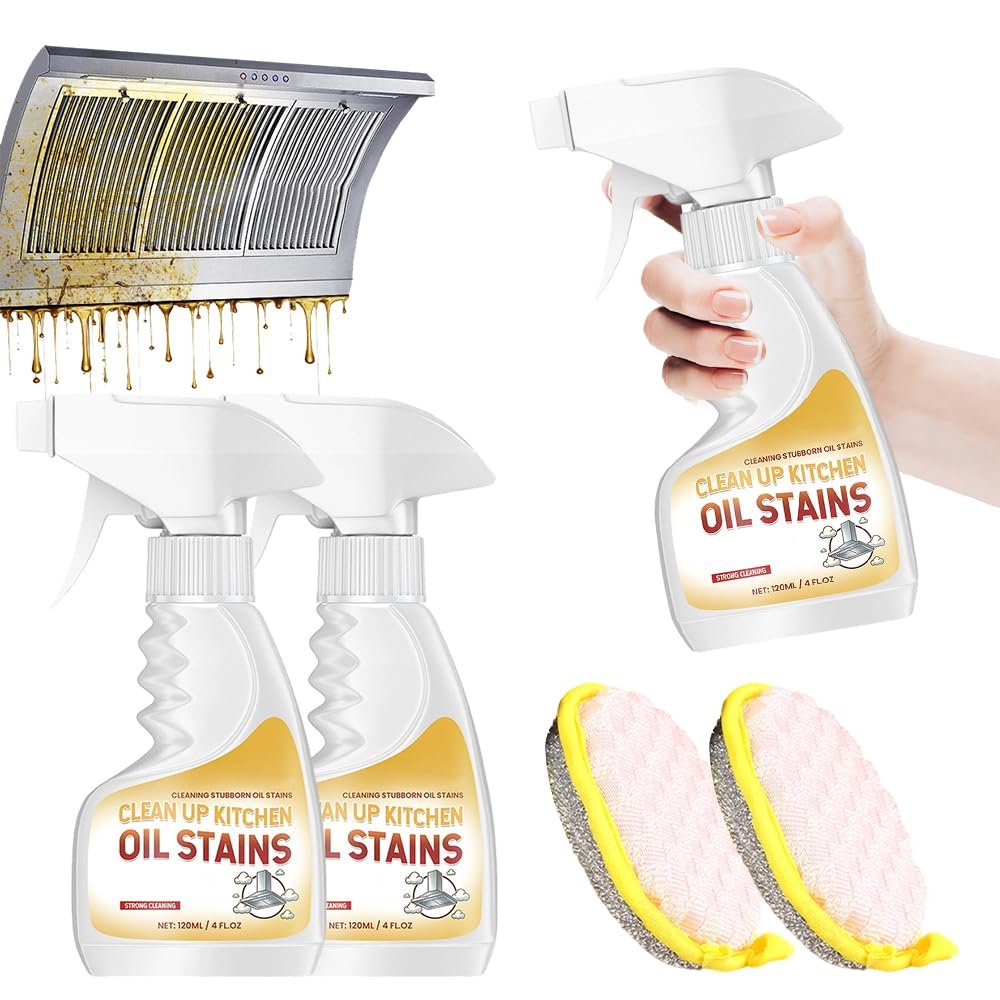 Heavy-Duty Kitchen Degreaser Foam Cleaner, Powerful Kitchen Degreaser Spray & Dual Side Scrub Sponge Set Grease Remover for Stove Range Hood (2, Standard)