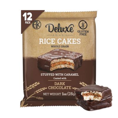 Deluxe & Bla Bla Stuffed Rice Cakes - Whole Grain Chocolate Rice Cake,Gluten Free,Low Calorie,(Alfajor) Kosher Certified - Caramel Filled Rice Cakes coated with Dark Chocolate, 28g Each (12 Pack)