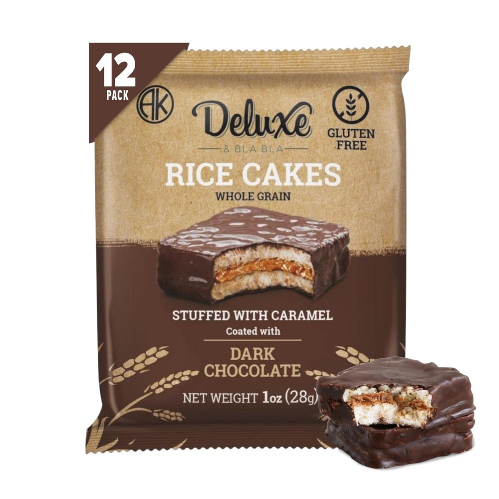 Deluxe & Bla Bla Stuffed Rice Cakes - Whole Grain Chocolate Rice Cake,Gluten Free,Low Calorie,(Alfajor) Kosher Certified - Caramel Filled Rice Cakes coated with Dark Chocolate, 28g Each (12 Pack)