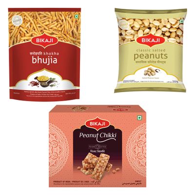 Bikaji Khokha Bhujia, Peanut Chikki & Classic Salted Peanuts Combo | Ready to Eat Indian Namkeen | Crunchy Bar Snack & Tea-Time Munchies| Authentic Indian Snack and Sweet