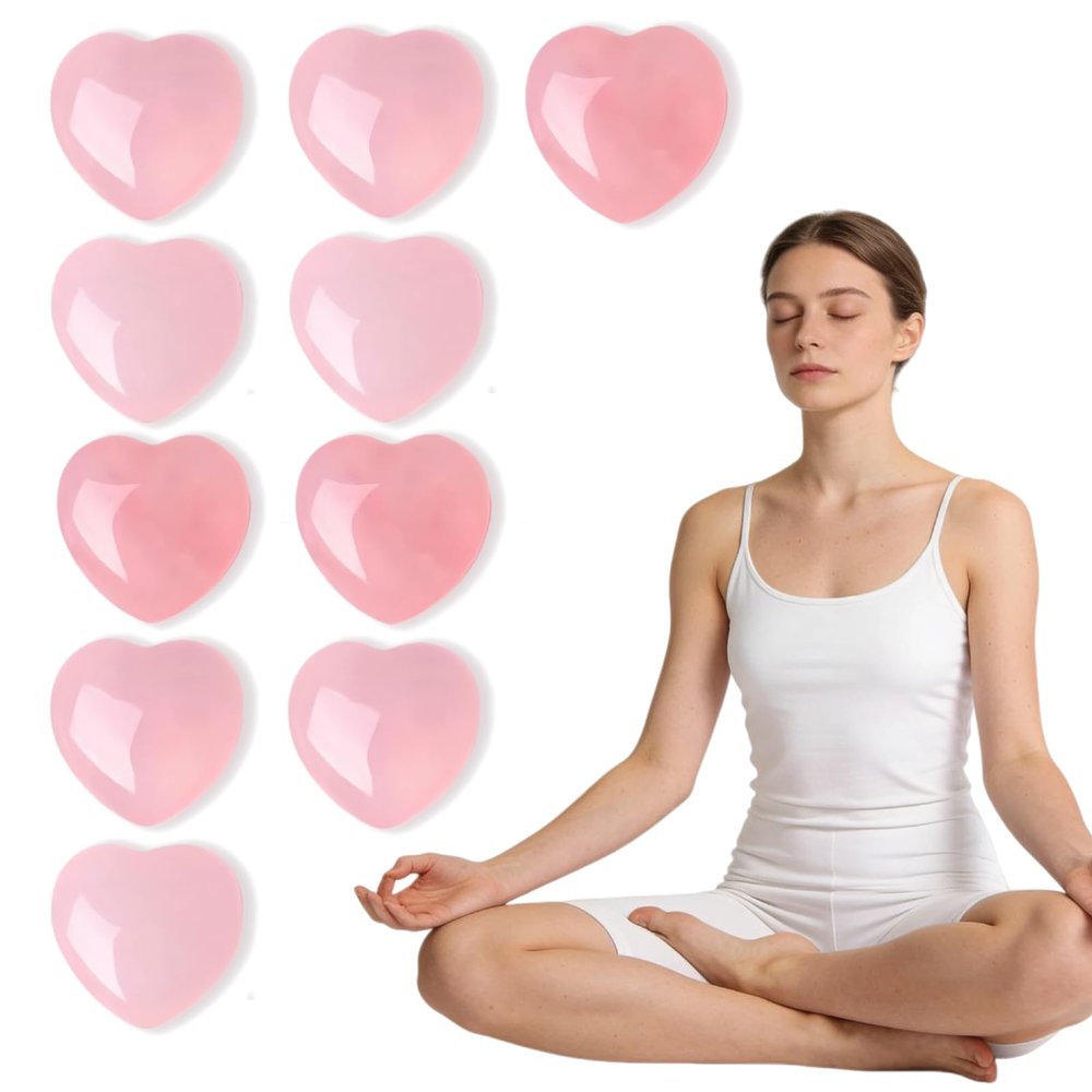 10PCS Heart Shaped Crystals Set, Polished Natural Gemstones for Healing Reiki, Includes Pink Purple White Crystal Obsidian Tiger Eye - Meditation Pocket Stones, Chakra Balancing Gift (Pink Quartz)