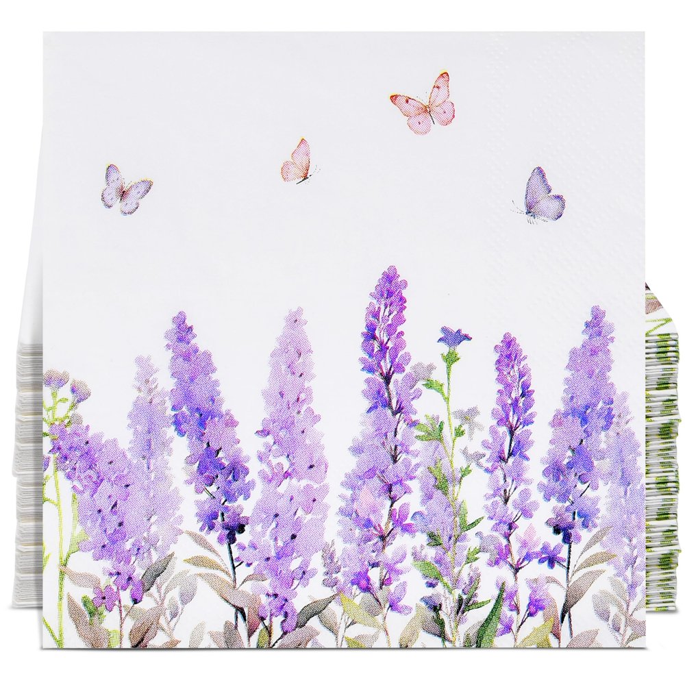 100 Count Lavender Floral Cocktail Napkins Disposable Paper Napkins for Bridal Shower Garden Party Spring Table Decorations