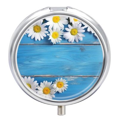 Round Daisy Flowers Blue Wooden Pill Organizer Pill Box 3 Compartment Portable Travel Medicine Case Daily Mini Compact Medicine Container Storage Vitamin Supplement Dispenser