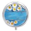 Round Daisy Flowers Blue Wooden Pill Organizer Pill Box 3 Compartment Portable Travel Medicine Case Daily Mini Compact Medicine Container Storage Vitamin Supplement Dispenser view 1