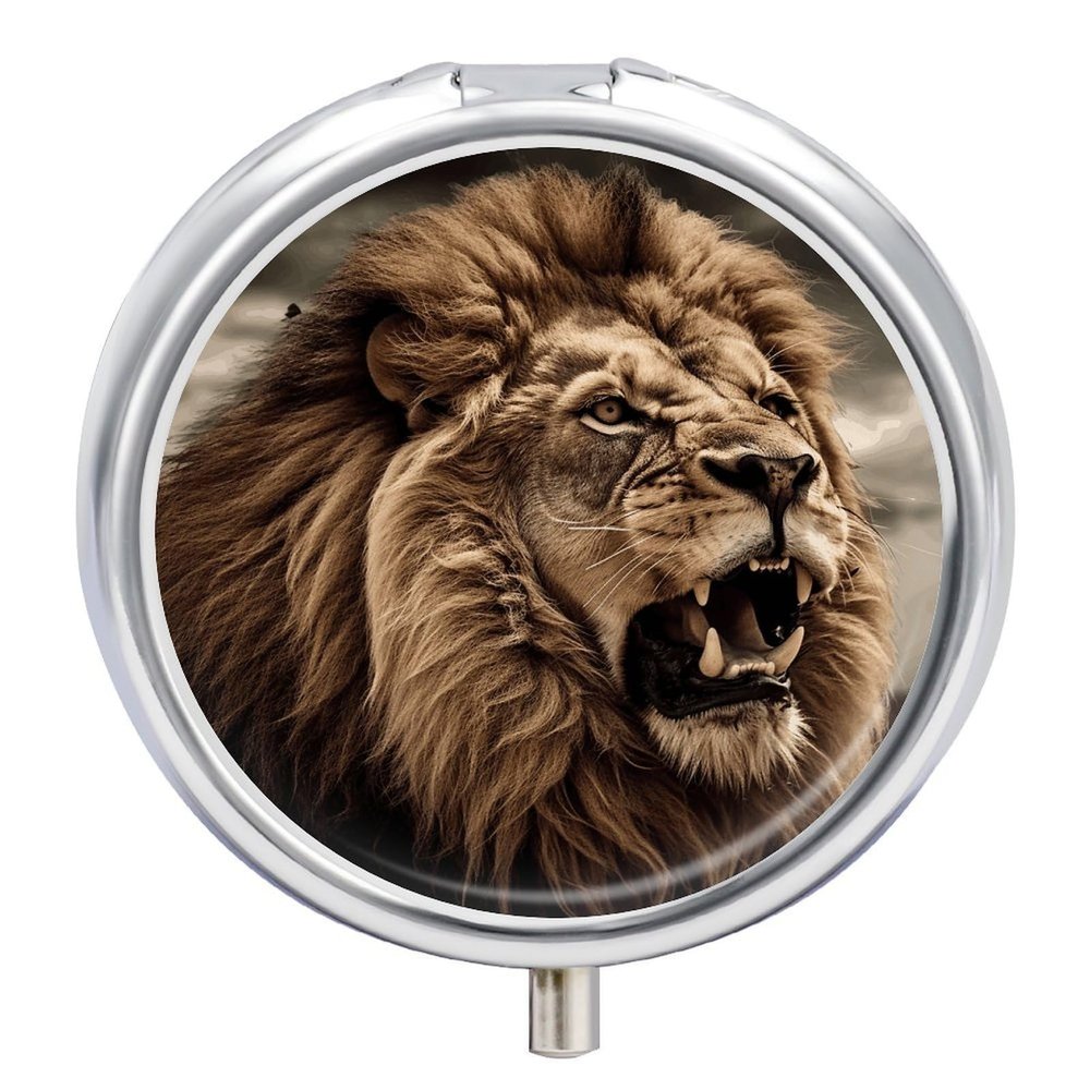 Angry Lion Pill Box 3 Compartment Small, Personalized Pill Organizer with Mirror, Portable Pill Case for Pocket Or Purse, Round Pill Containe Travel Gifts, Pill Holder