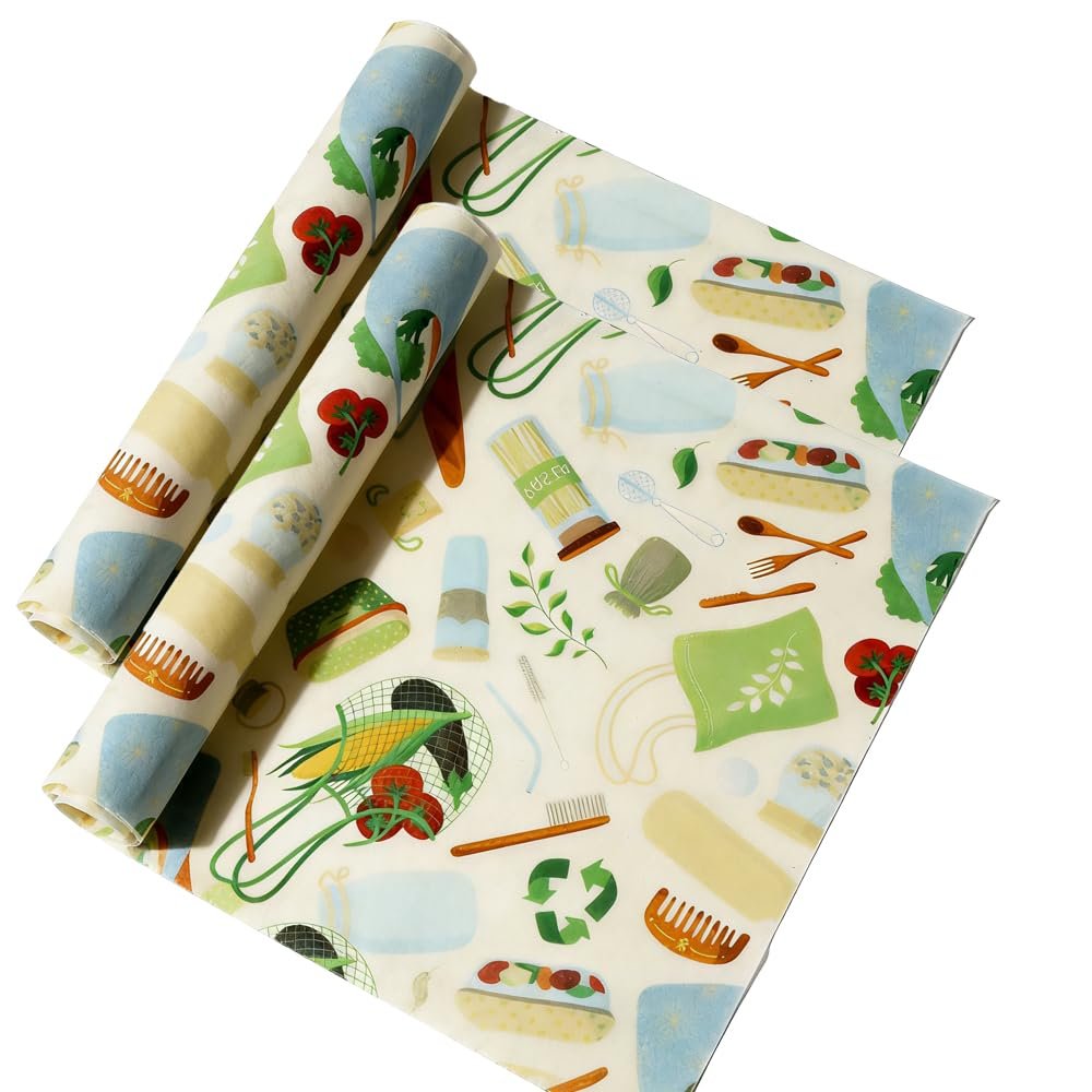 Organic Beeswax Food Wraps 2-Pack, 12x40 Inch Reusable Beeswax Paper - Natural Compostable Eco-Friendly Bowl Cover, Plastic Wrap & Foil Alternative for Bread, Sandwich, Cheese Freshness