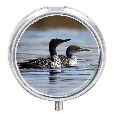 Loon Birds Pill Box 3 Compartment Small, Personalized Pill Organizer with Mirror, Portable Pill Case for Pocket Or Purse, Round Pill Containe Travel Gifts, Pill Holder