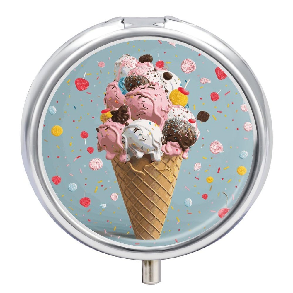 Sweet Ice Cream Pill Box 3 Compartment Small, Personalized Pill Organizer with Mirror, Portable Pill Case for Pocket Or Purse, Round Pill Containe Travel Gifts, Pill Holder