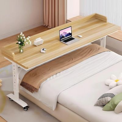 GUAWJRZDP Over Bed Table Adjustable Height, Over The Bed Table with Wheels, Rolling Over The Bed Desk, Mobile Laptop Cart for Computer, Bedroom Work, King Size Beds(Wood+White,51.1x19.6'')