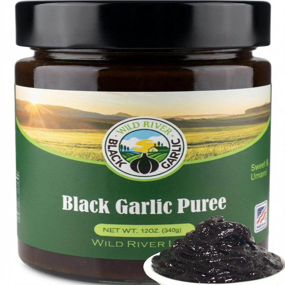 100% American Grown Black Garlic Puree, Wild River, Made in USA, Gilroy California Garlic, Umami Paste in Glass Jar 12 oz