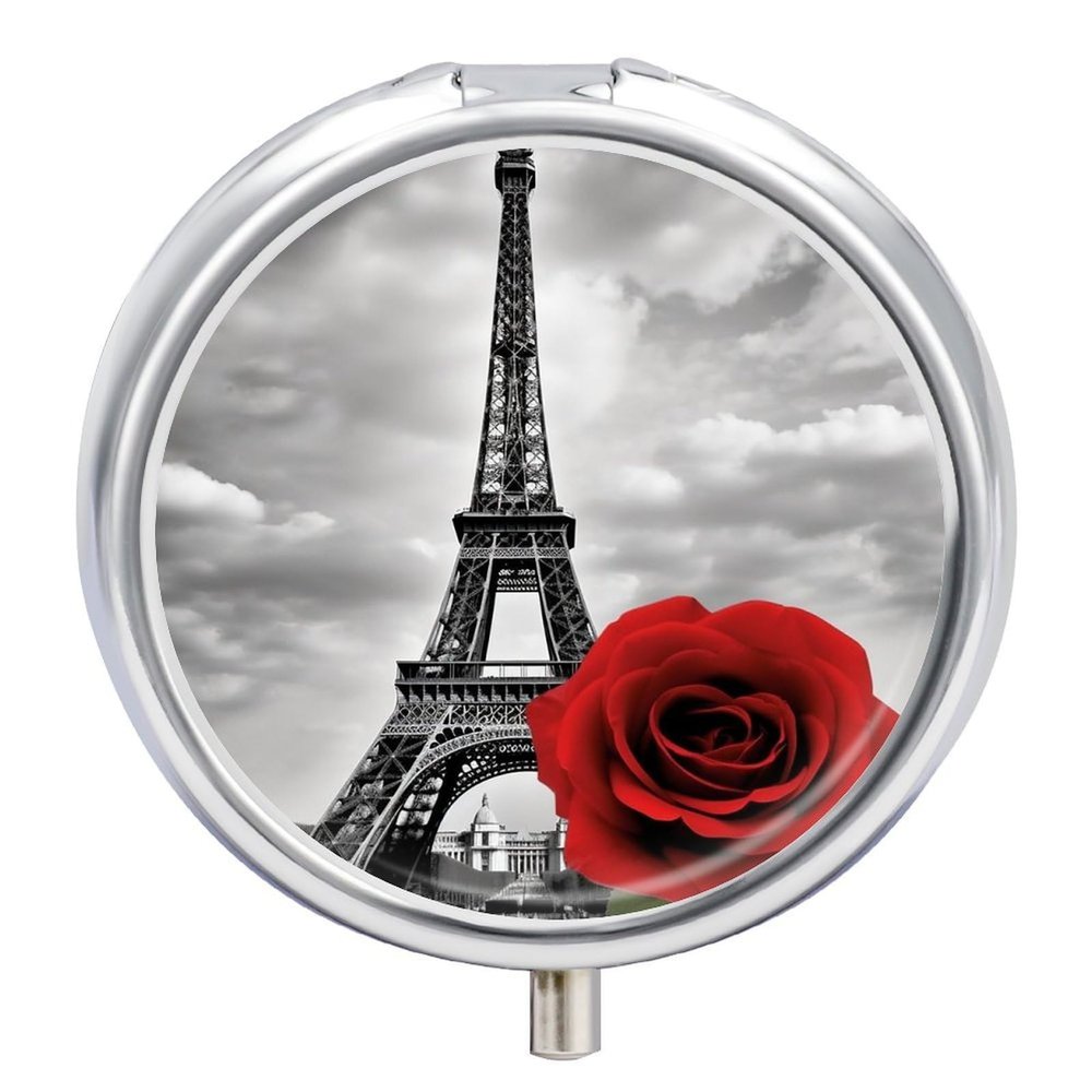 Round Eiffel Tower Red Rose Pill Organizer Pill Box 3 Compartment Portable Travel Medicine Case Daily Mini Compact Medicine Container Storage Vitamin Supplement Dispenser