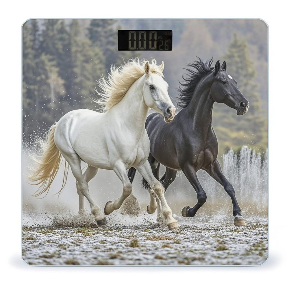Black and White Horses Running Scale for Body Weight Highly Accurate Digital Bathroom Body Scale Digital Bathroom Scales for People Anti-Slip Large LCD Display Smart Scales