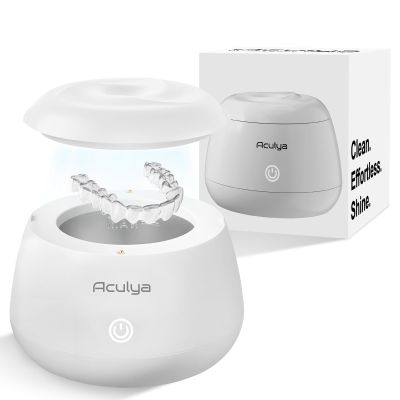 Aculya Life Ultrasonic Retainer Cleaner Machine 48 kHz Denture Cleaner 200ml Dental Cleaner Pod for Aligner Retainer, Jewelry, Night Guard, Brace, White