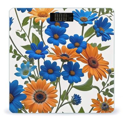 Blue and Orange Flowers on White Background Scale for Body Weight Highly Accurate Digital Bathroom Body Scale Digital Bathroom Scales for People Anti-Slip Large LCD Display Smart Scales