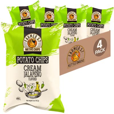 Farmer 57 Native Chips Cream Jalapeno Potato Chips 5oz 4 Pack, Kosher & Kettle Cooked Crunch, Gluten-Free, Non-GMO