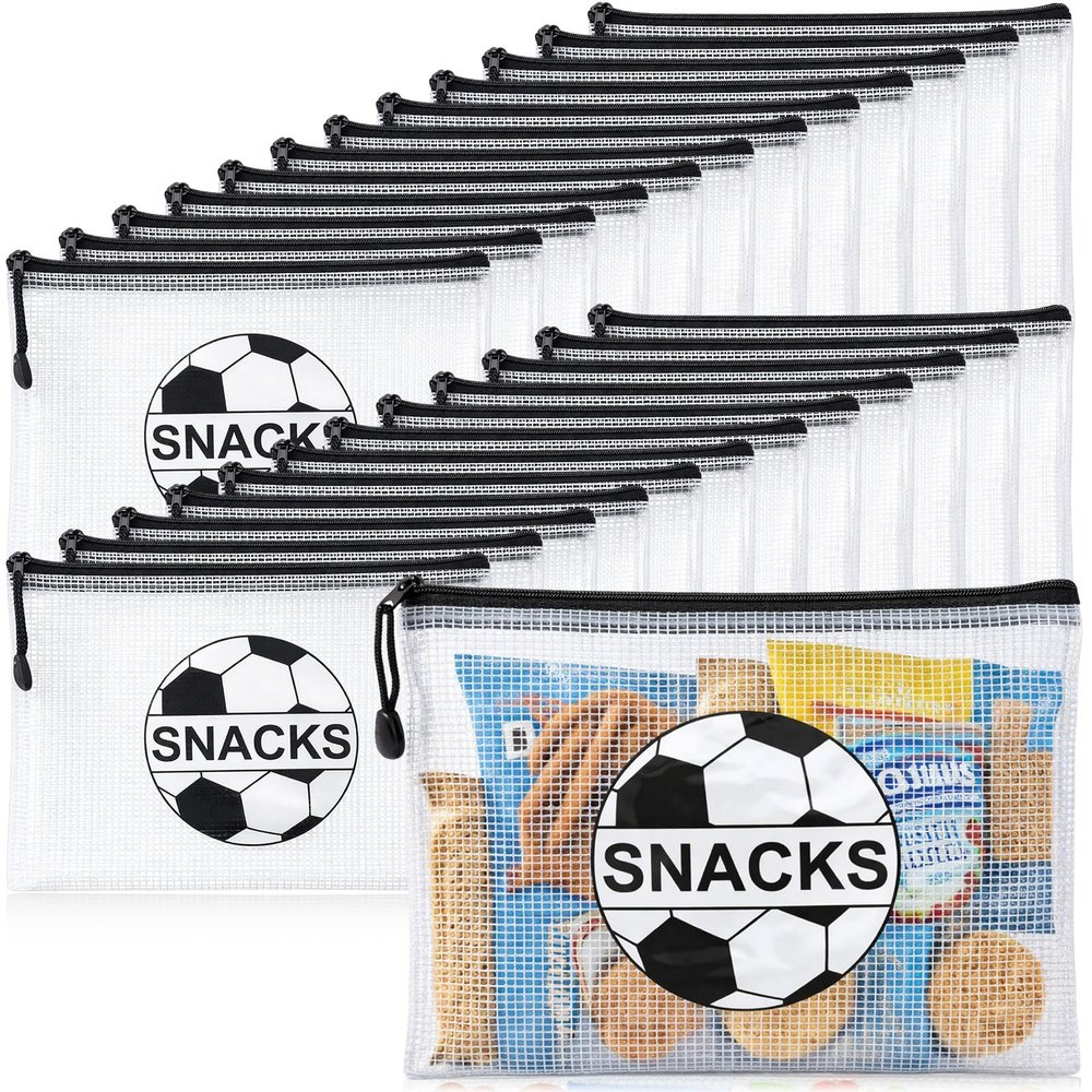 Motiskyy 24 Pcs Sports Ball Snack Bags Bulk 9.5" x 6.9" Sports Goodie Party Favor Bags Stuffers Team Gifts Candy Treat Mesh Pouches with Zipper for Team Ground Birthday Gift Party Supplies(Soccer)