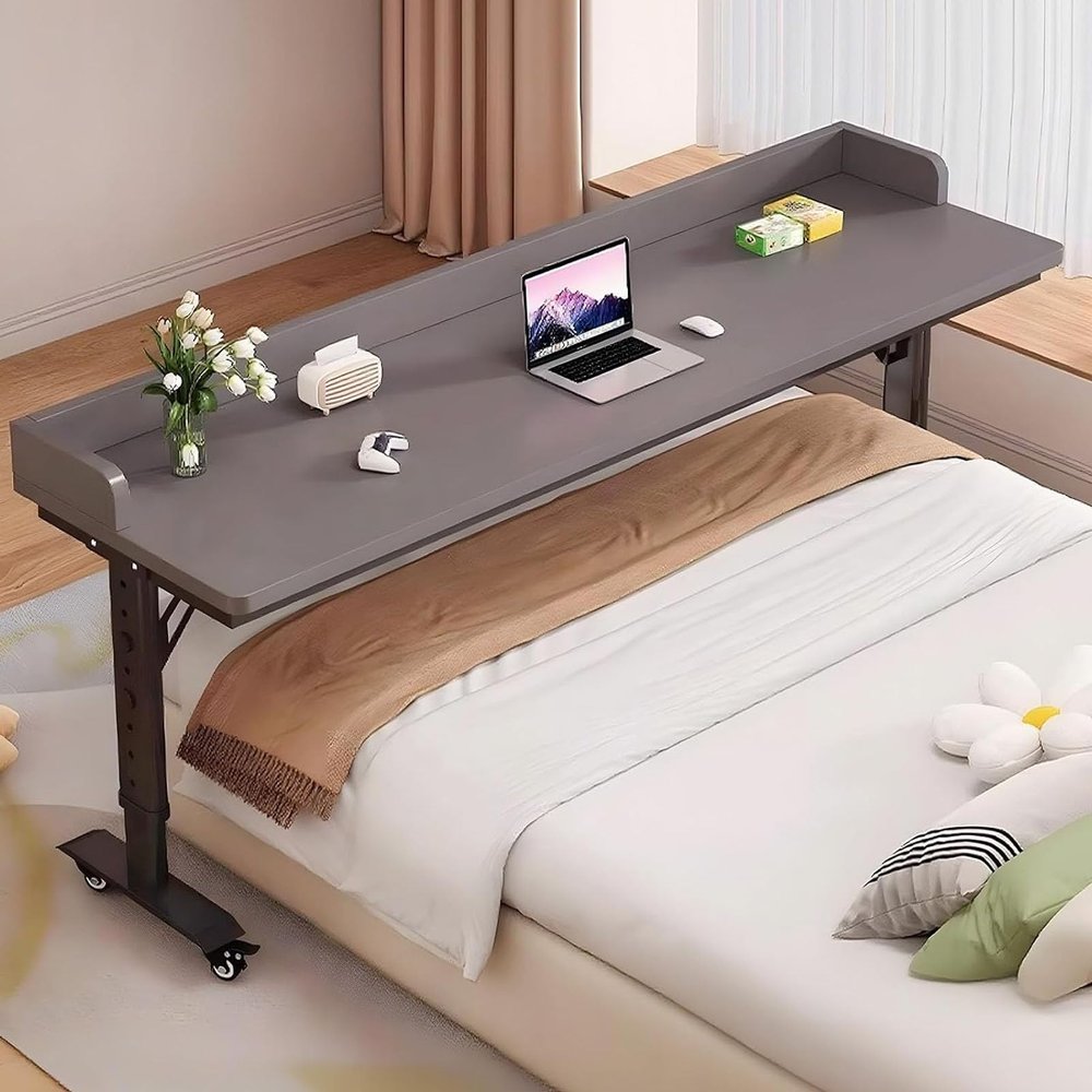 GUAWJRZDP Over Bed Table Adjustable Height, Over The Bed Table with Wheels, Rolling Over The Bed Desk, Mobile Laptop Cart for Computer, Bedroom Work, King Size Beds(Gray+Black,94.4x15.7'')