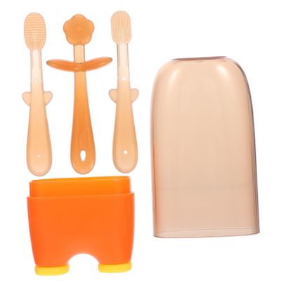 Wakauto Tongue Cleaner and Silicone Toothbrush 3pcs, Oral Care Tool with Tongue Scraper for Newborns, Oral Cleaner Set in Warm Orange for Dental Hygiene