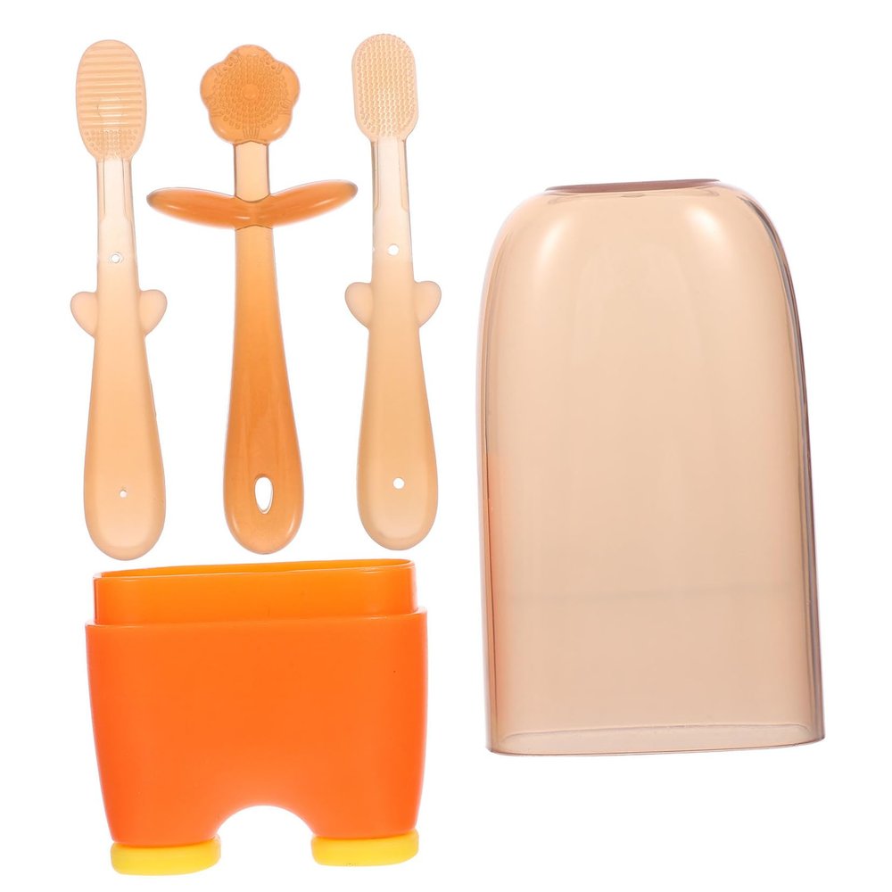 Wakauto Tongue Cleaner and Silicone Toothbrush 3pcs, Oral Care Tool with Tongue Scraper for Newborns, Oral Cleaner Set in Warm Orange for Dental Hygiene