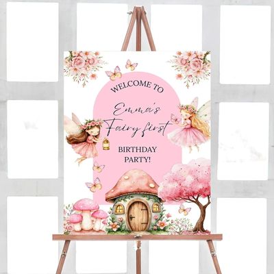 Floral Fairy First Birthday Welcome Sign, Whimsical Fairy First Birthday Sign #01