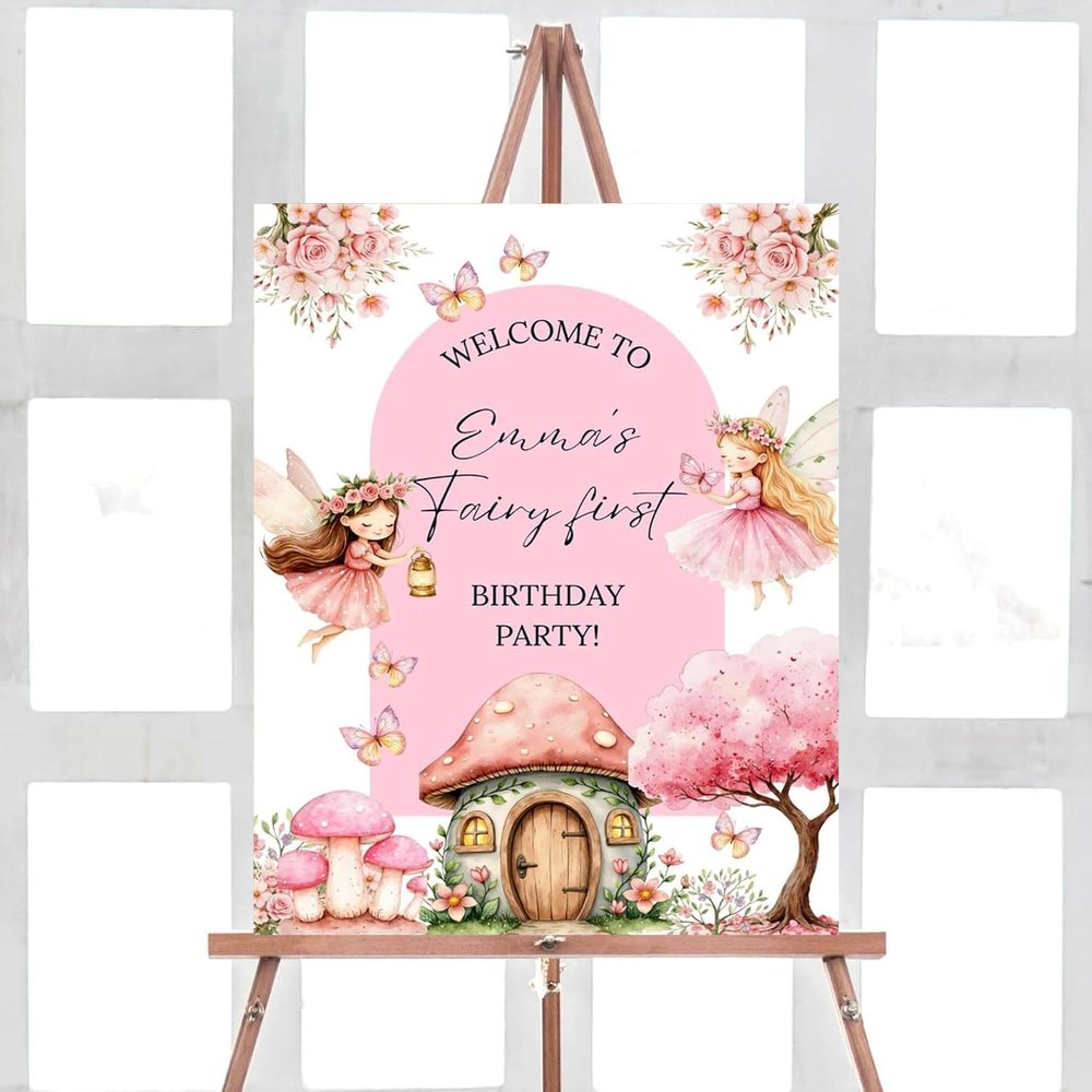 Floral Fairy First Birthday Welcome Sign, Whimsical Fairy First Birthday Sign #01