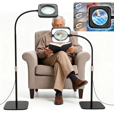 10X Large Floor Magnifying Glass with Light and Stand for Real Glass, 15W Ultra-Bright Standing Magnifying Lamp with 12V 2A Adapter, Touch Control Floor Magnifier with Light for Crafts, Sewing