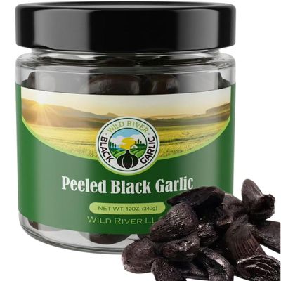 100% American Grown Peeled Black Garlic Cloves, Wild River, Made in USA, 90 Days Naturally Aged Gilroy California Garlic, Vacuum Packed in Glass Bottle, 12 oz